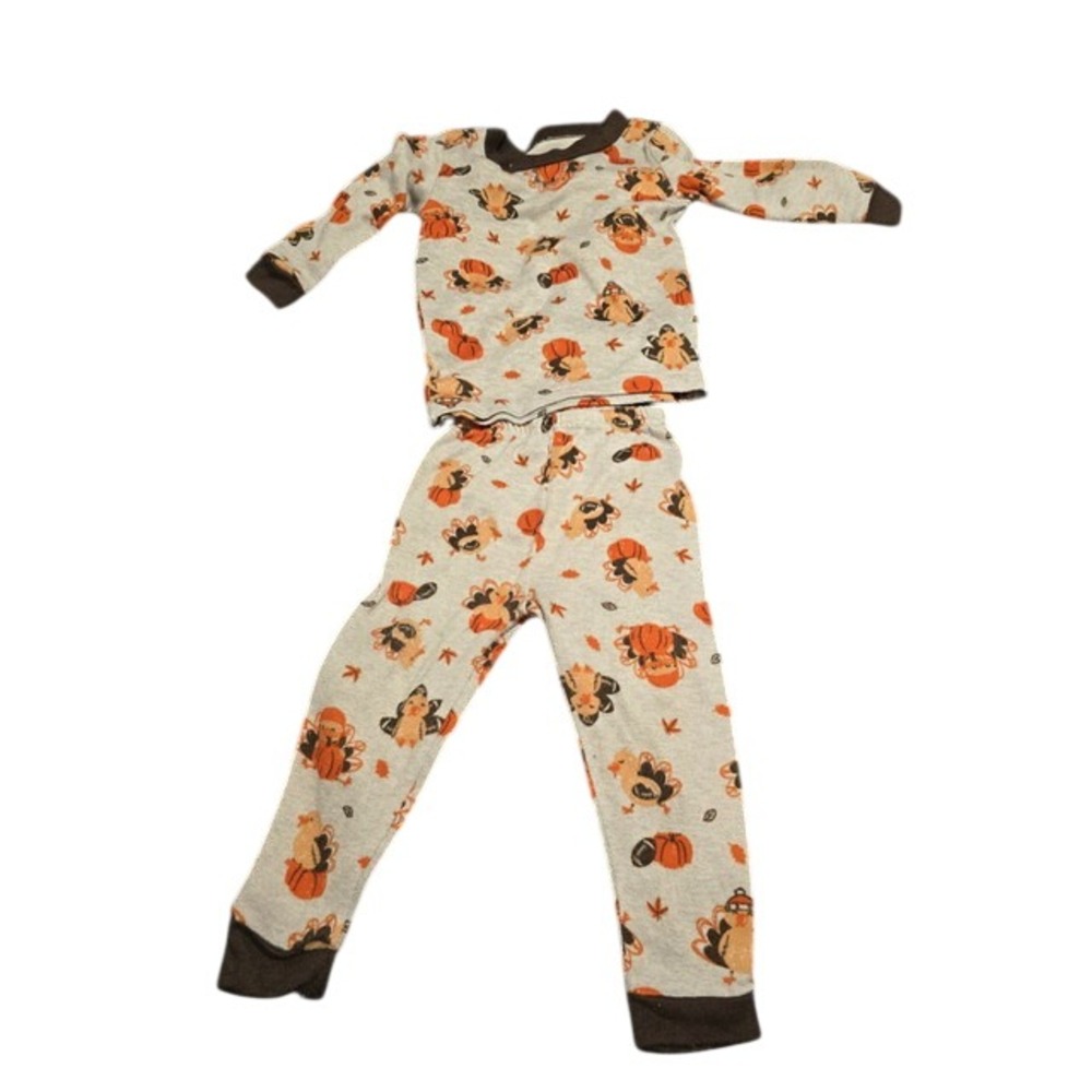 Thanksgiving Pajama Set Kids Toddler Turkey Pumpkin Football Gray Brown 2 Piece